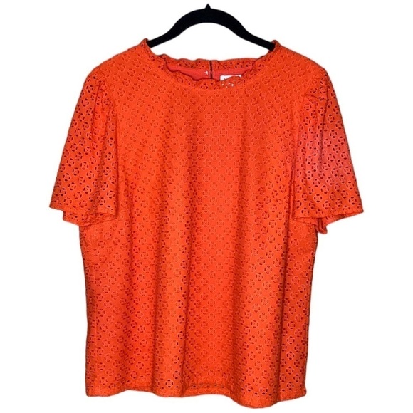 J Crew Factory | Orange Eyelet Blouse Ruffle Neck Short Sleeve L - Picture 1 of 6